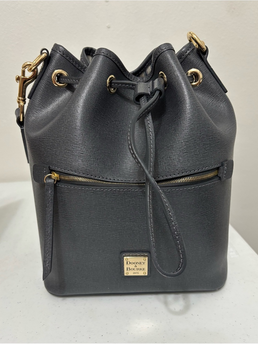 Dooney & Bourke Black Saffiano Drawstring Bucket Crossbody